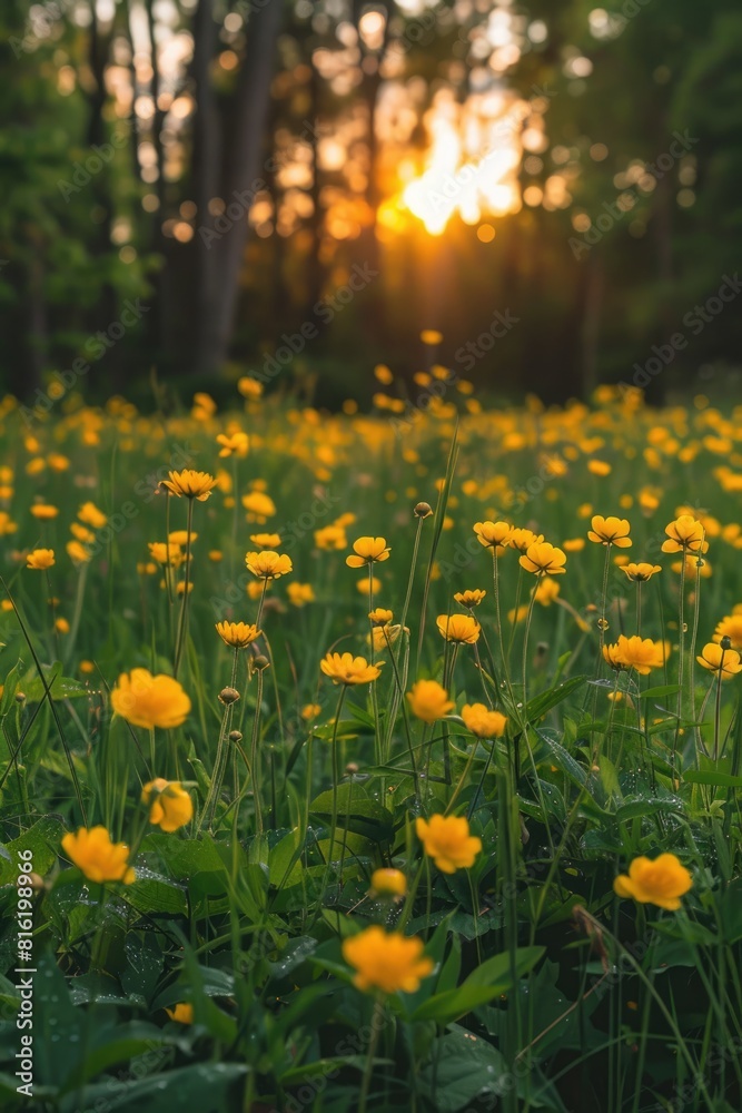 Obraz premium Field Of Flowers. Yellow Blooms in Lush Field During Sunset