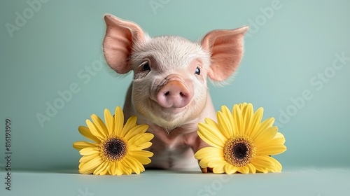  A pig wearing a flower crown with two sunflowers in front and one pig's head emerging from its mouth