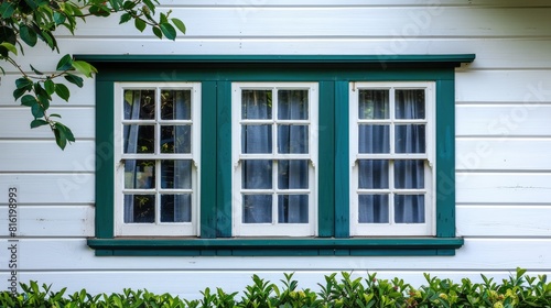 Windows House. New Vinyl Replacement Windows in White with Green Trim for Horizontal Architecture