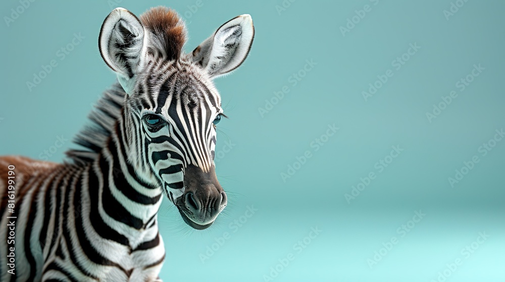 Close-up of a zebra's face on a light blue background Close-up of a zebra's face on a light blue background