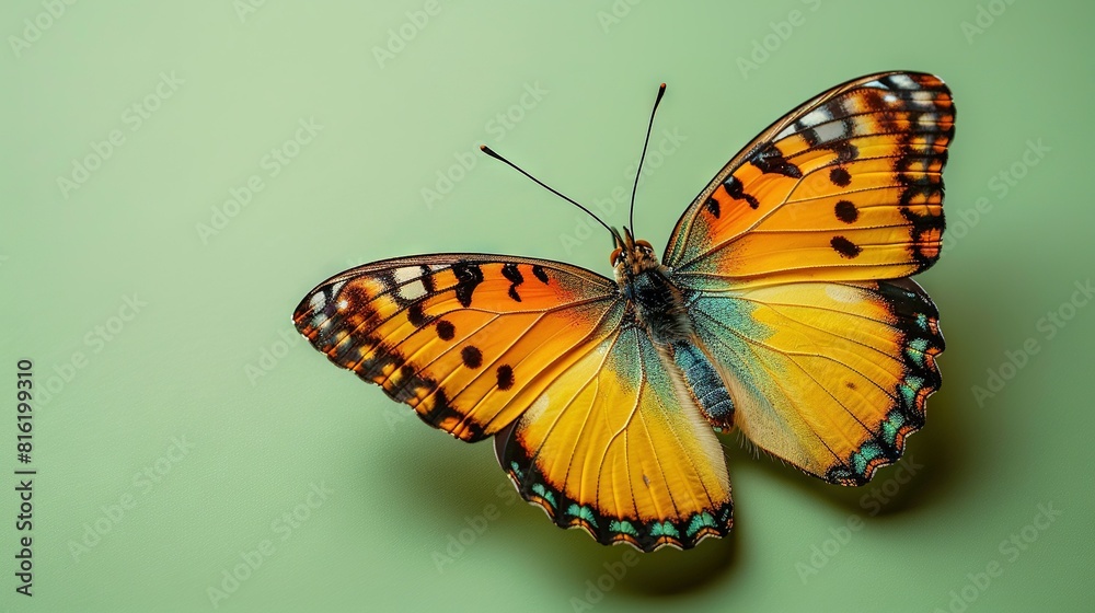 Close-up of yellow butterfly on green surface with light green background Close-up of yellow butterfly on green surface with light green background