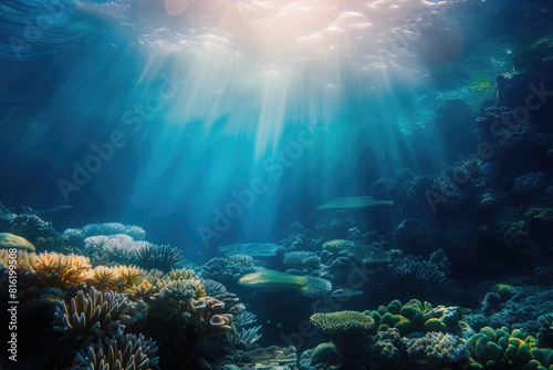 An underwater coral reef scene, diverse marine life, vivid colors, showcasing the beauty and diversity of ocean life. Underwater photography, coral reef ecosystem, diverse marine life,. Resplendent.