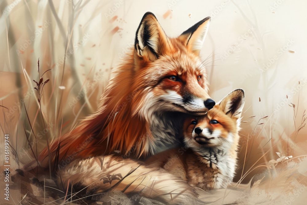 Fox with Pups: Digital Painting in Natural Colors