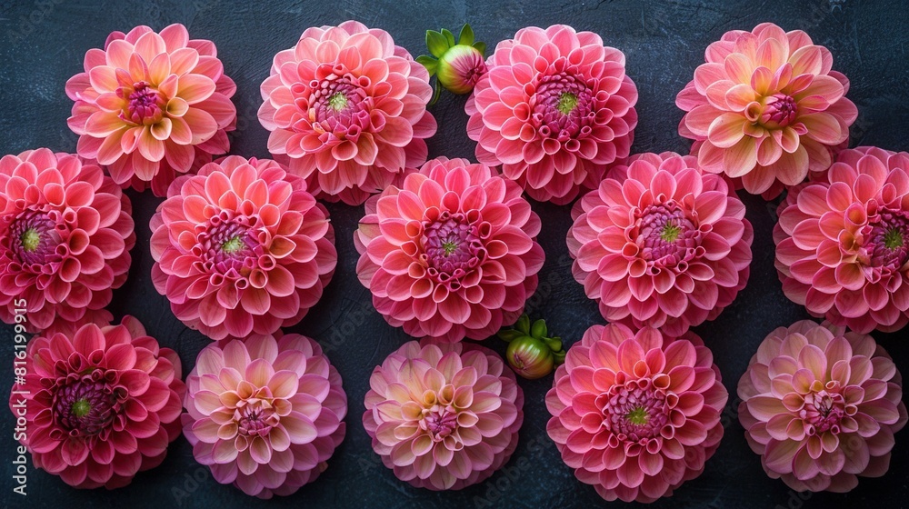 A cluster of pink blossoms arranged on a dark background, centered by a solitary bloom A cluster of pink blossoms arranged on a dark background, centered by a solitary bloom