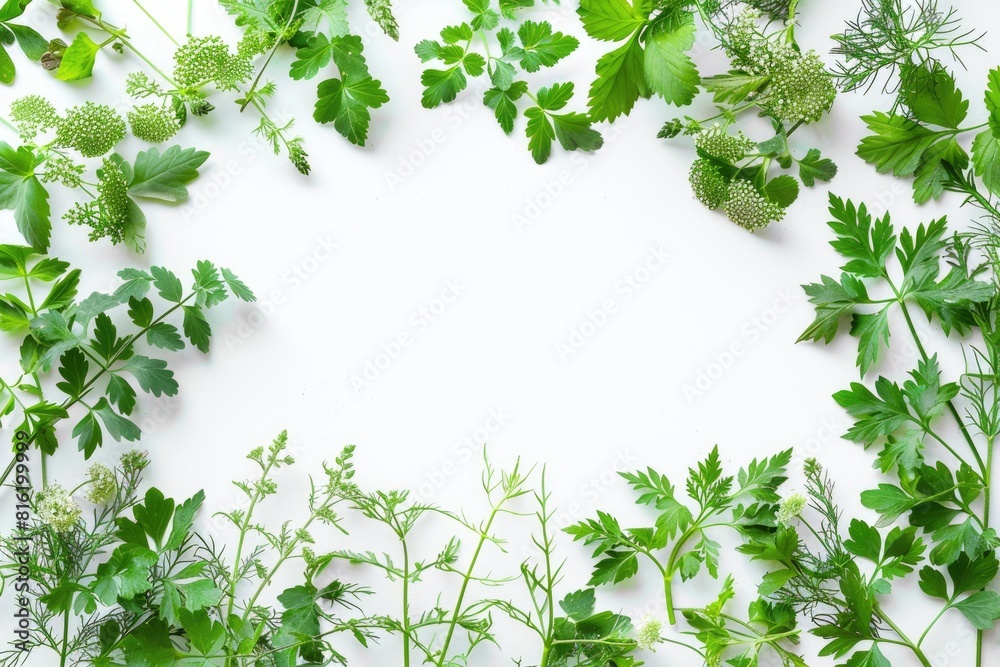 Fototapeta premium Herbs Background. Frame of Fresh Herbs and Chervil Leaves with Copy Space on Natural White