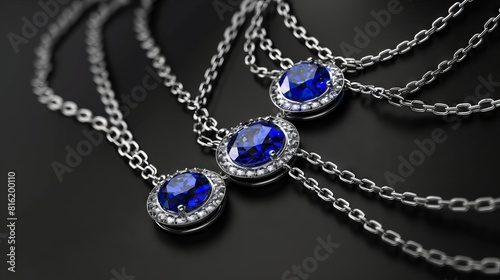 Platinum necklace with blue sapphire jewelry pendants set. Platinum chains with gemstones. Precious necklaces with Blue Sapphire for jewelry shop design.