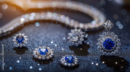 Platinum necklace with blue sapphire jewelry pendants set. Platinum chains with gemstones. Precious necklaces with Blue Sapphire for jewelry shop design.