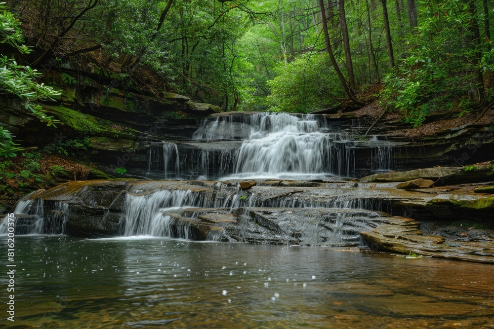 Fototapeta premium Green Waterfall in Forest: A Cascading Waterfall in Lush Nature Landscape