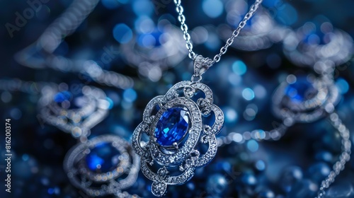 Platinum necklace with blue sapphire jewelry pendants set. Platinum chains with gemstones. Precious necklaces with Blue Sapphire for jewelry shop design.