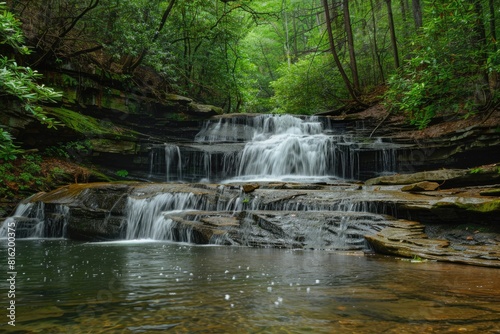 Green Waterfall in Forest  A Cascading Waterfall in Lush Nature Landscape