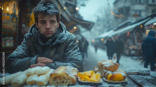   A man sits at a table  surrounded by pastries and oranges on a snowy city street