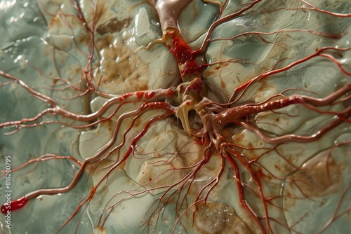 Closeup image of a human placenta and umbilical cord, showcasing the intricate blood vessel network