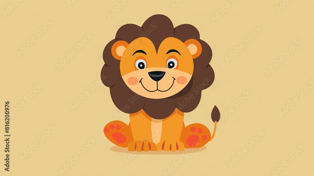 A smiling cartoon lion sits on the ground, with a leaf protruding from its mouth A smiling cartoon lion sits on the ground, with a leaf protruding from its mouth