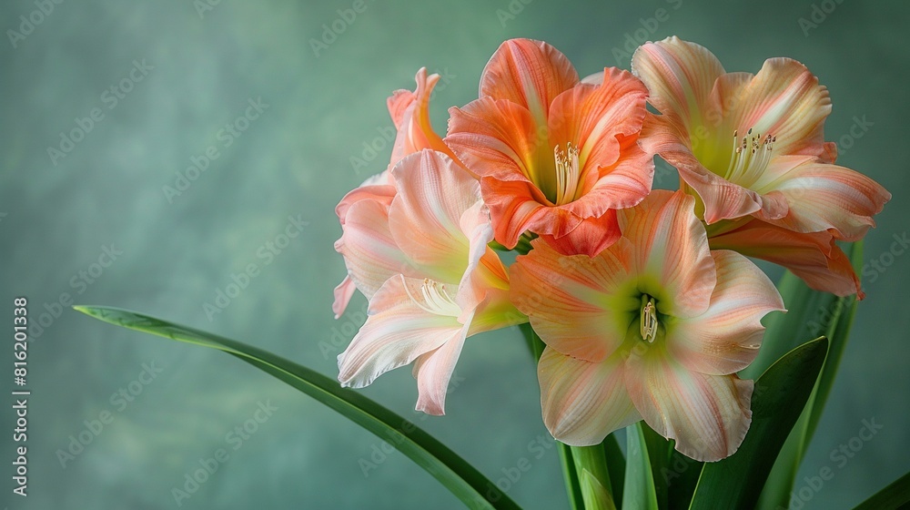 A detailed shot of multiple blooms in a vase, featuring emerald stems against a cerulean backdrop A detailed shot of multiple blooms in a vase, featuring emerald stems against a cerulean backdrop