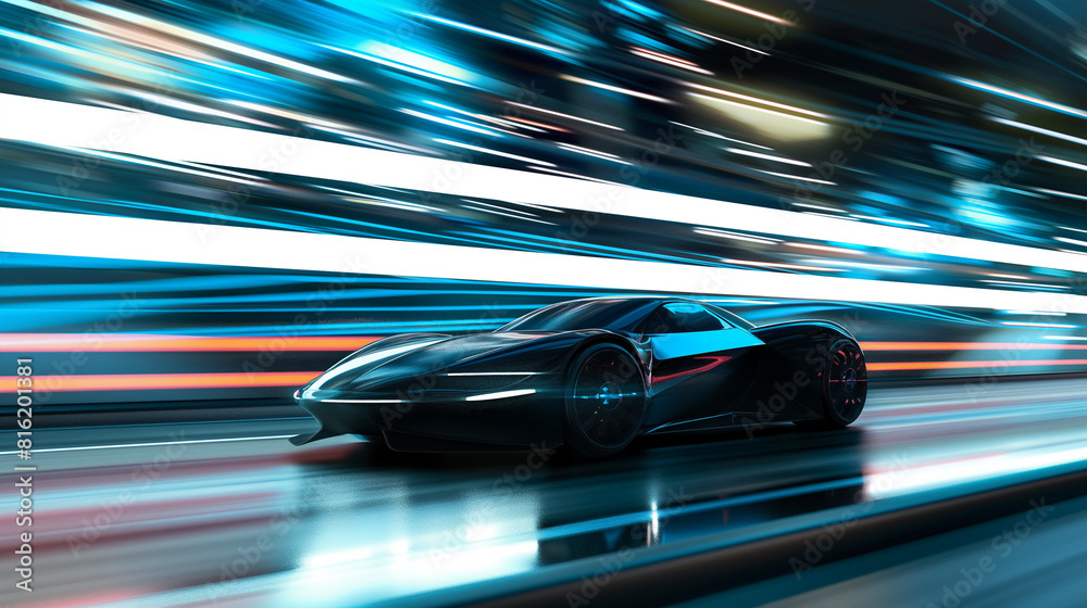 Carro futurista moderno em movimento. Carros esportivos de luxo acendem na estrada à noite. Timelapse, hiperlapse de transporte. Desfoque de movimento, trilhas leves, linhas brilhantes abstratas 