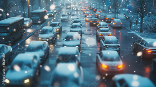 Estradas da cidade de inverno. Muitos carros ficam presos no trânsito da cidade devido à forte neve e às difíceis condições climáticas photo