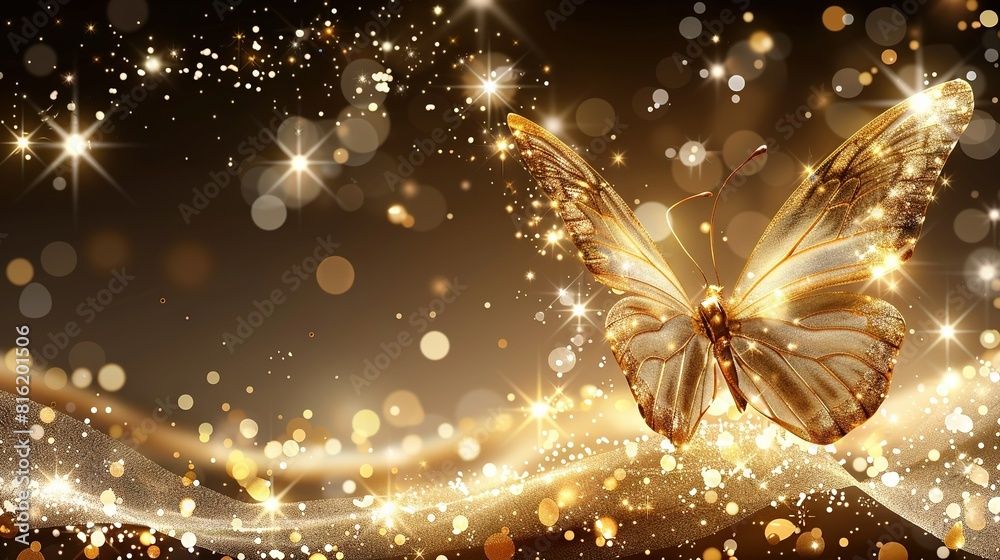 Butterfly flying in air with sparkling lights on its back, blurry background Butterfly flying in air with sparkling lights on its back, blurry background