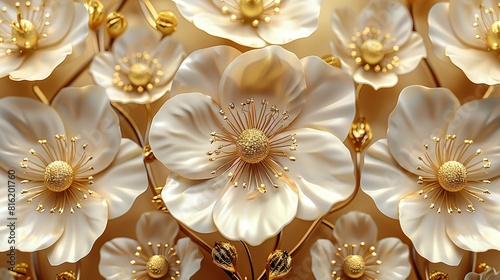  A cluster of pure white blooms adorns a golden backdrop, featuring a central golden circle encircled by smaller white blossoms