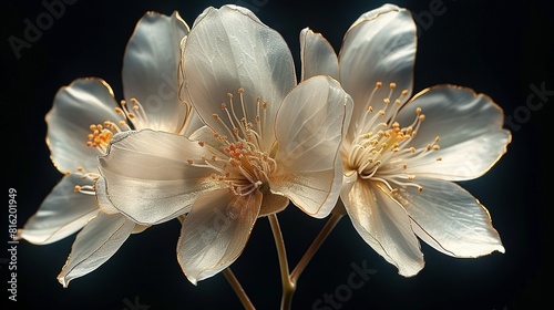  Two white flowers with yellow stamens on a black background with a light reflection in the center