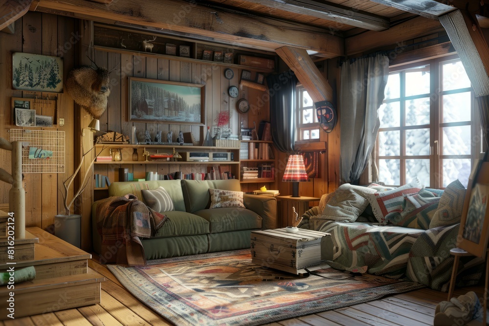 Comfortable living space in a rustic cabin featuring a plush sofa, warm blankets, and charming decor