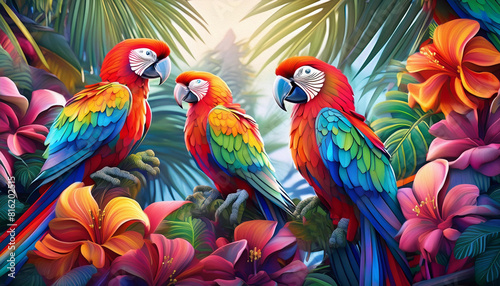 Oil painting ,couple of colorful parrot in underwater.