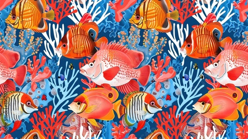  A red and yellow fish school on a blue and white backdrop, with vibrant coral and seaweed in the foreground