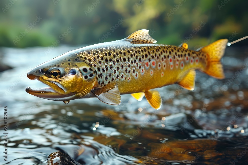 Trout caught on a fishing line against a scenic river backdrop, depicting outdoor recreation. Trout caught on a fishing line against a scenic river backdrop, depicting outdoor recreation.