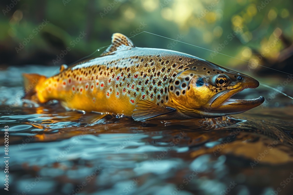 Trout caught on a fishing line against a scenic river backdrop, depicting outdoor recreation. Trout caught on a fishing line against a scenic river backdrop, depicting outdoor recreation.