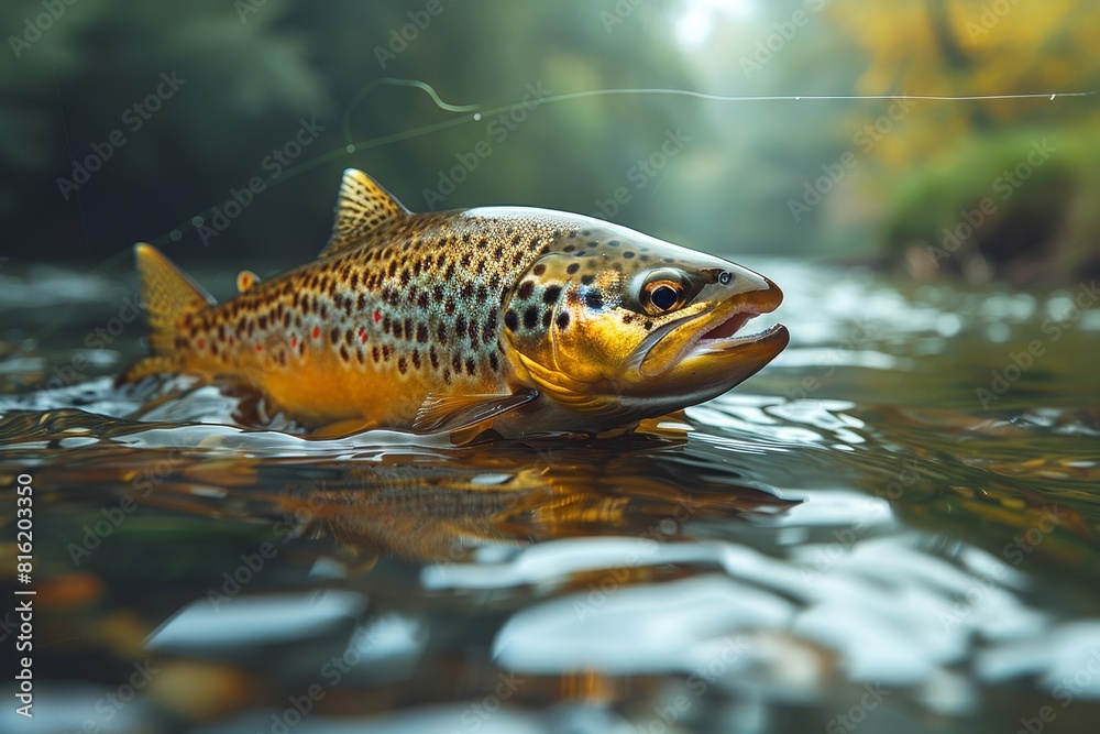 Trout caught on a fishing line against a scenic river backdrop, depicting outdoor recreation. Trout caught on a fishing line against a scenic river backdrop, depicting outdoor recreation.