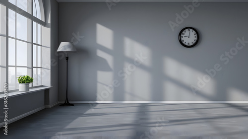 Grey empty room with black clock lamp and niche carpet style office style   Generative AI