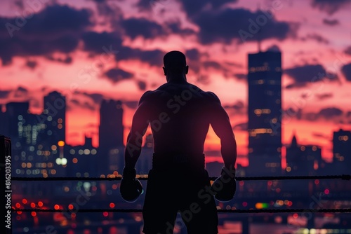 Determination Beyond the Ring: Boxer's Silhouette Overlooking Urban Skyline at Dusk © spyrakot