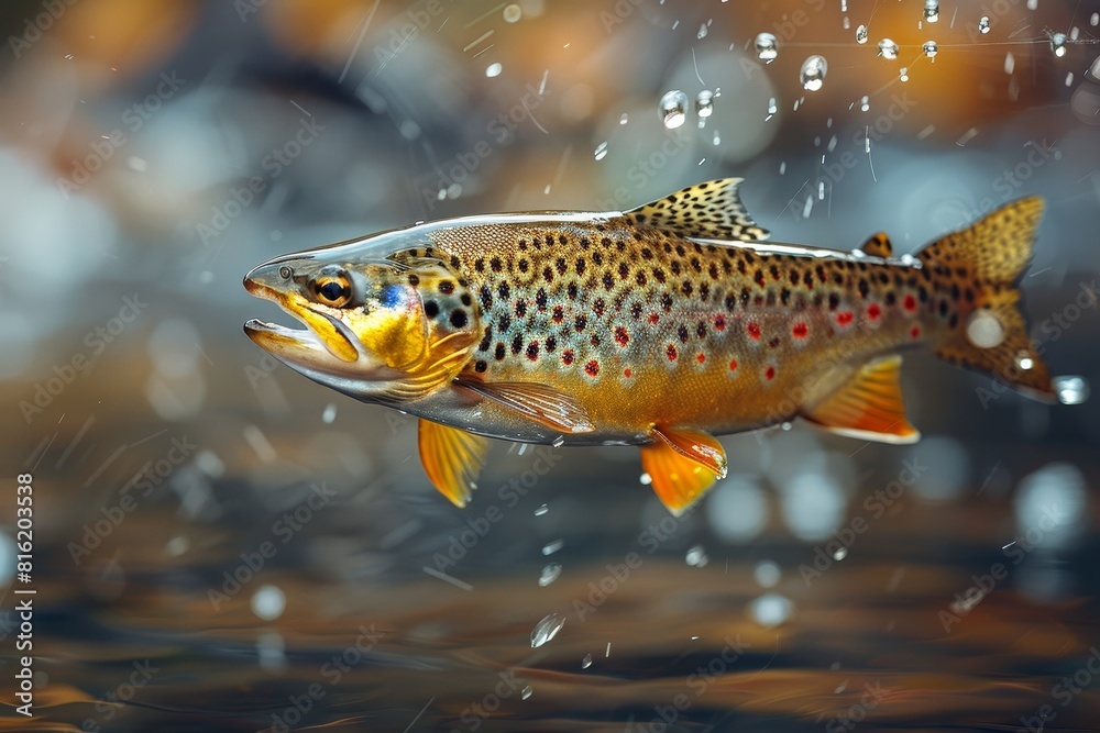 Trout caught on a fishing line against a scenic river backdrop, depicting outdoor recreation. Trout caught on a fishing line against a scenic river backdrop, depicting outdoor recreation.