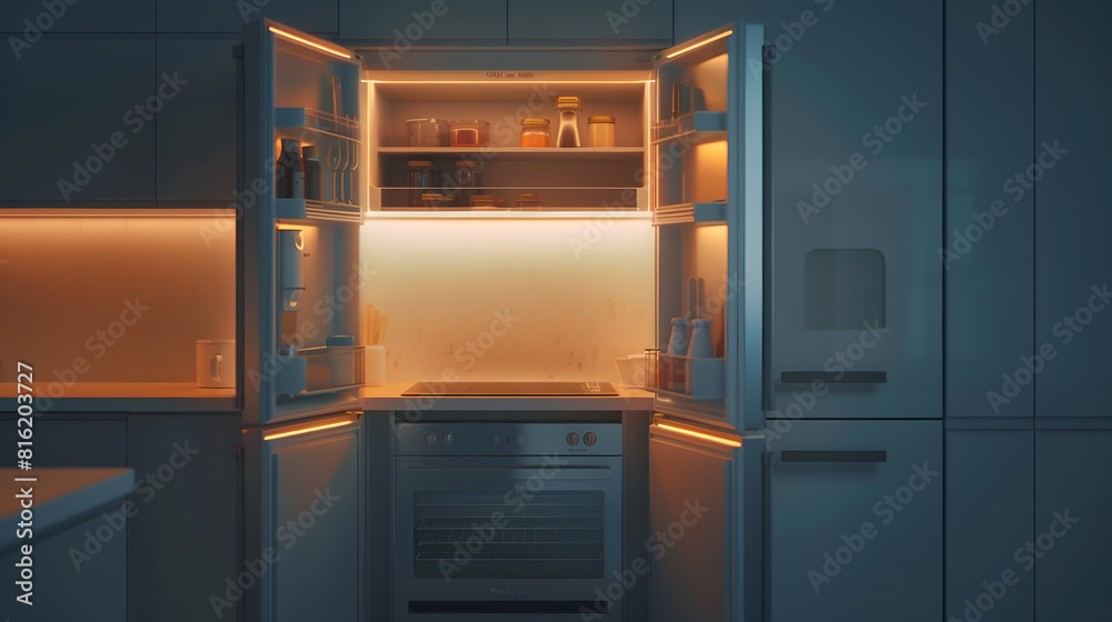 Fototapeta premium Front view of built in new fridge with open door empty shelf and light inside Modern kitchen with beige wooden cabinet furniture and stylish interior household appliances : Generative AI