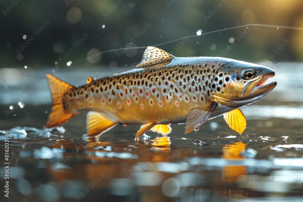 Trout caught on a fishing line against a scenic river backdrop, depicting outdoor recreation. Trout caught on a fishing line against a scenic river backdrop, depicting outdoor recreation.