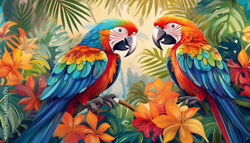 Oil painting  couple of colorful parrot in underwater.