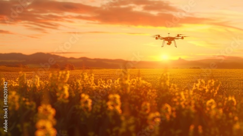 Sunset flight: drone over blooming field © Denys