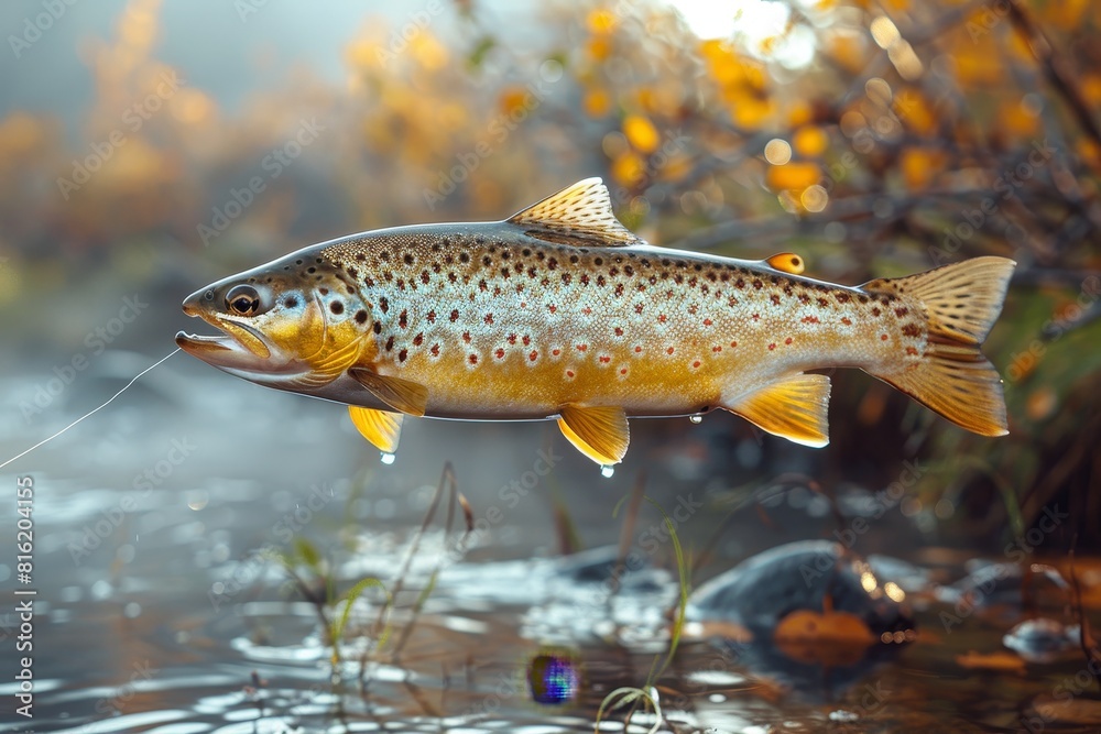 Trout caught on a fishing line against a scenic river backdrop, depicting outdoor recreation. Trout caught on a fishing line against a scenic river backdrop, depicting outdoor recreation.