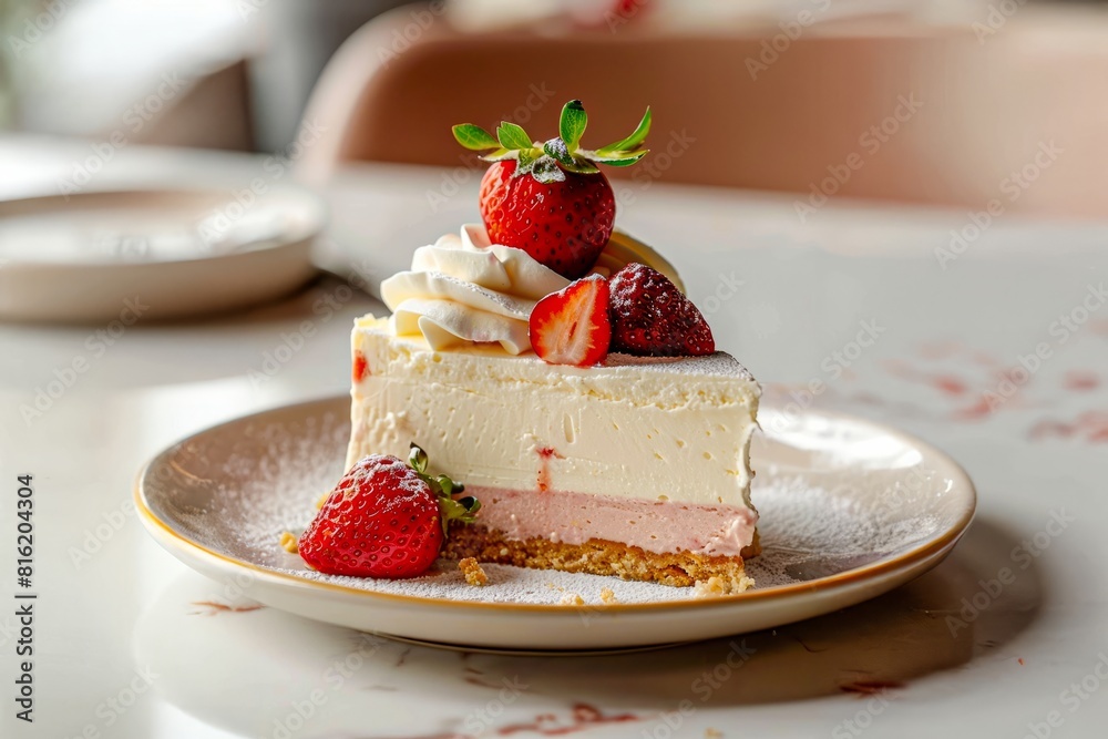 Strawberry Cheesecake on a white plate, close up