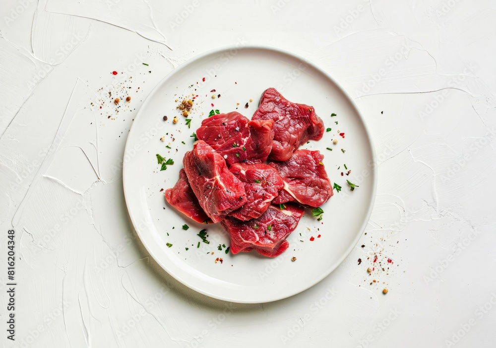 Raw beef steaks with spices and herbs on white background. Top view. Raw beef steaks with spices and herbs on white background. Top view.