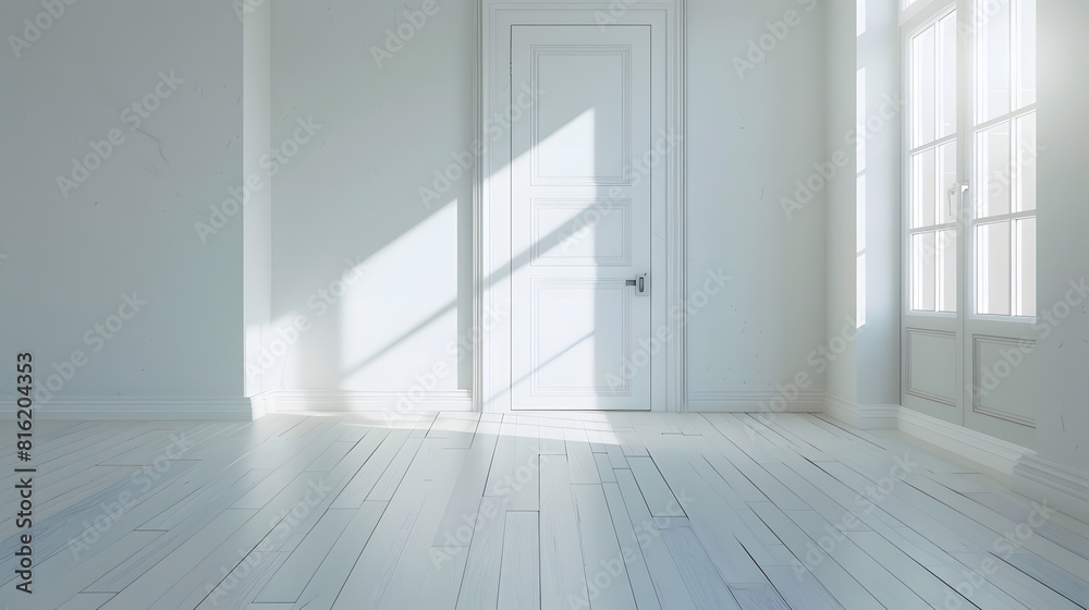 Interior of spacious empty refurbished living room with whitewash walls laminated floor with white door : Generative AI Interior of spacious empty refurbished living room with whitewash walls laminated floor with white door : Generative AI