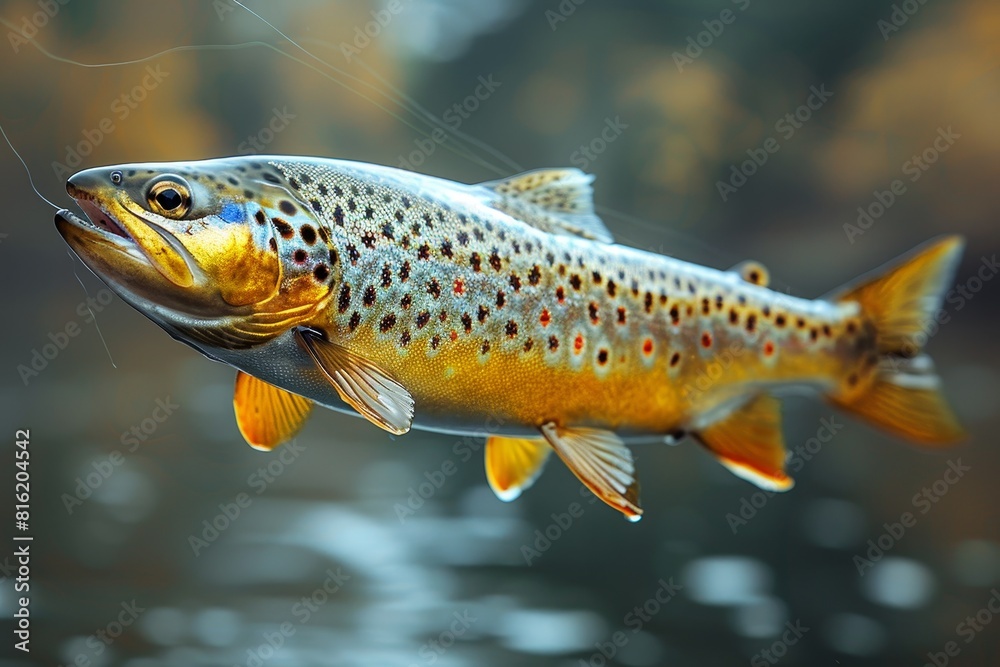 Trout caught on a fishing line against a scenic river backdrop, depicting outdoor recreation. Trout caught on a fishing line against a scenic river backdrop, depicting outdoor recreation.