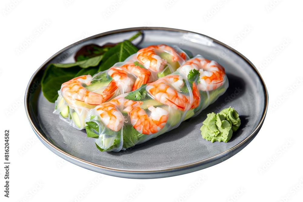 Fresh shrimp wrapped in spring rolls on a plate isolated on white background Fresh shrimp wrapped in spring rolls on a plate isolated on white background