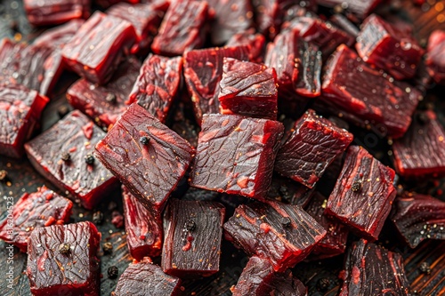 Slices of raw beef jerky with spices and herbs.