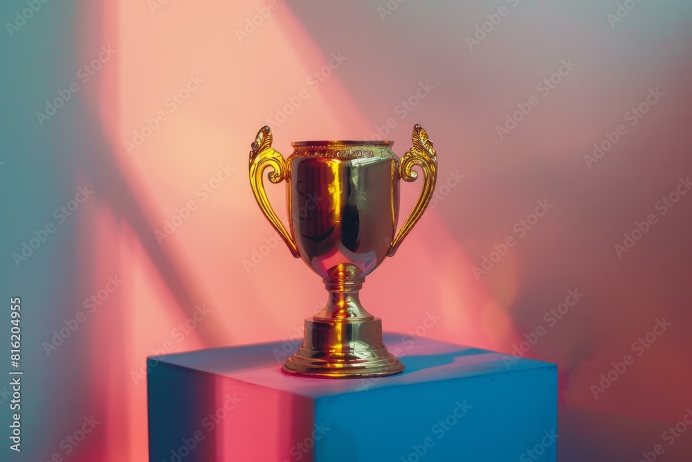 A golden trophy cup with ornate handles, illuminated by red and blue lights, casting dramatic shadows A golden trophy cup with ornate handles, illuminated by red and blue lights, casting dramatic shadows