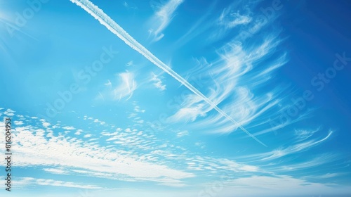 A vapor trail drifting in the azure sky photo