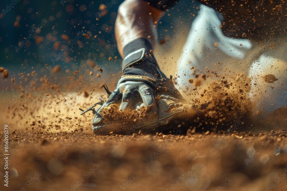 Dynamic Baseball Game Moment: Player Sliding into Base with Flying Dirt Dynamic Baseball Game Moment: Player Sliding into Base with Flying Dirt