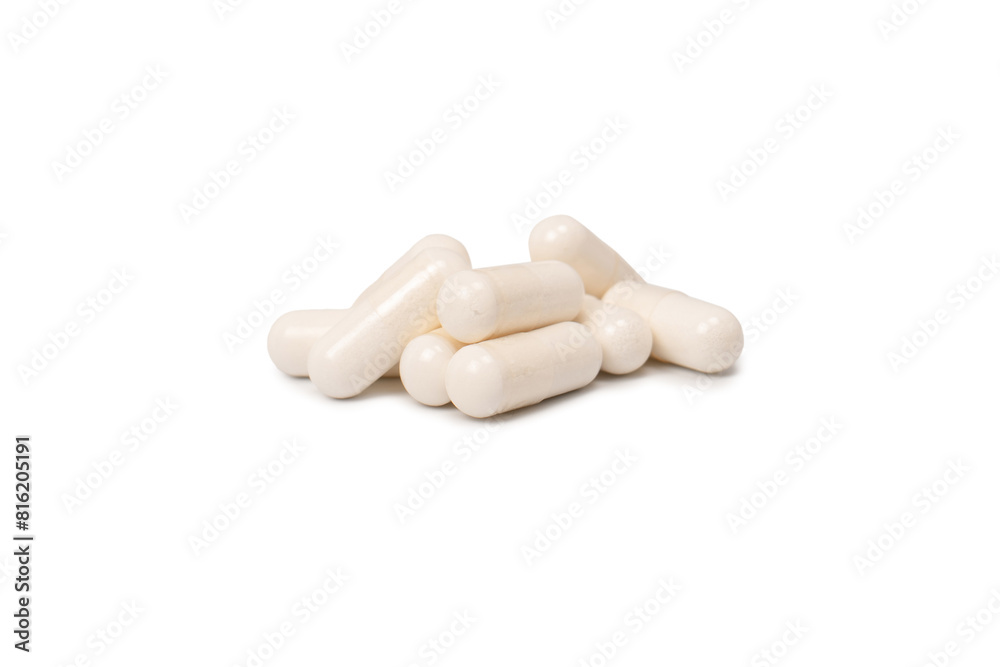 White pill capsule isolated on a white background.