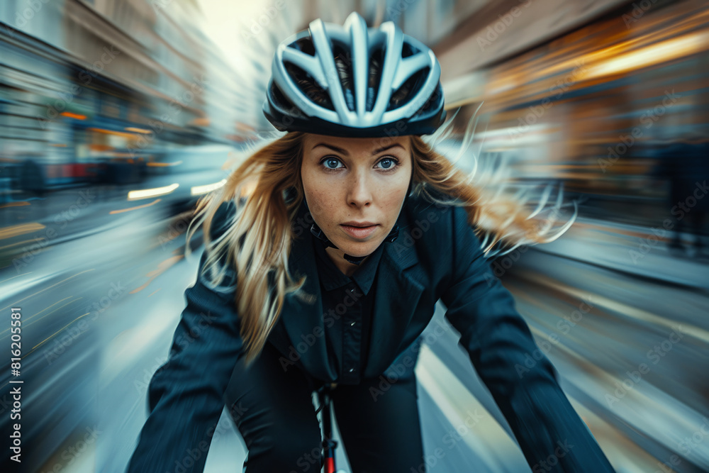 Professional woman dressed in business attire and helmet is commuting to work on her bicycle through a city street Professional woman dressed in business attire and helmet is commuting to work on her bicycle through a city street
