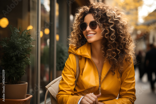 Mujer sonriente de pelo rizado con chaqueta de cuero amarilla y gafas de sol caminando por la calle.
Día de compras o relajarse al aire libre mientras mira una tienda. photo