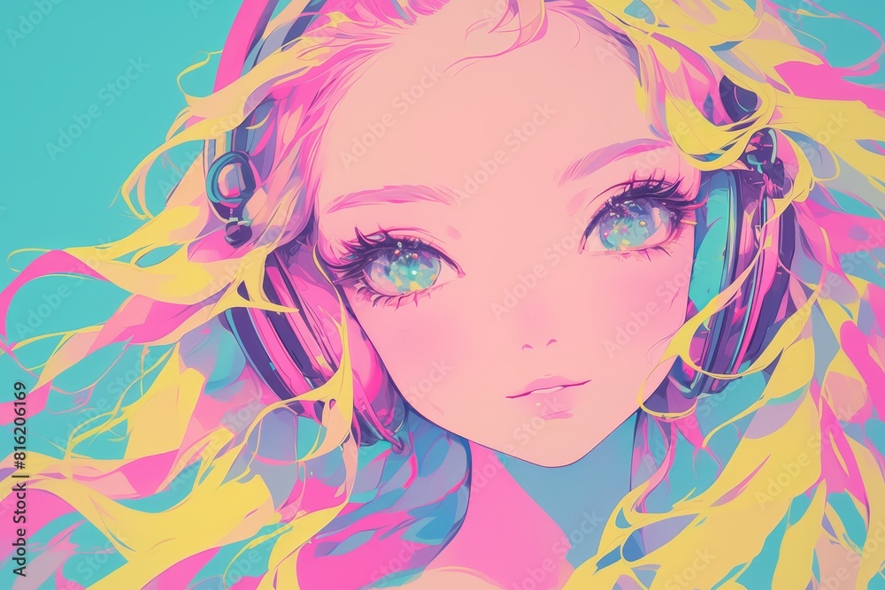 A girl with headphones on, listening to music against an ethereal rainbow background in the style of Japanese anime, cute and dreamy